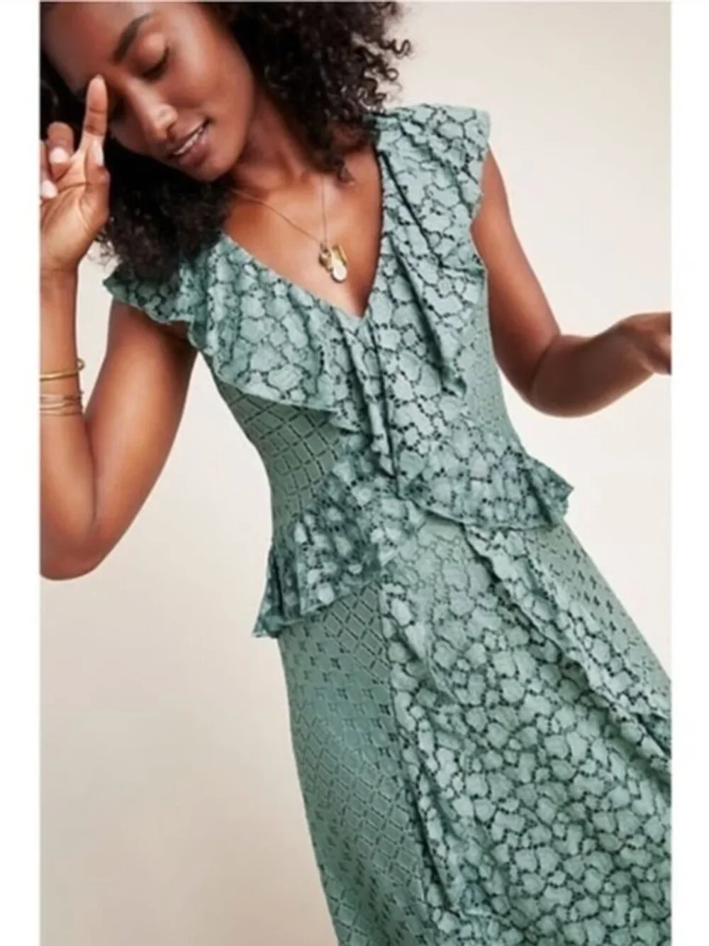Anthropologie Antoinette Lace Midi Dress 8 Sage Green Ruffle EUC - Picture 2 of 13